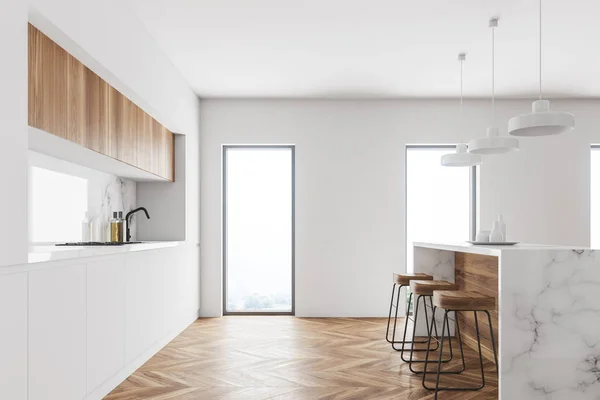 Interior Cozinha Com Paredes Brancas Piso Concreto Uma Barra Madeira — Fotografia de Stock