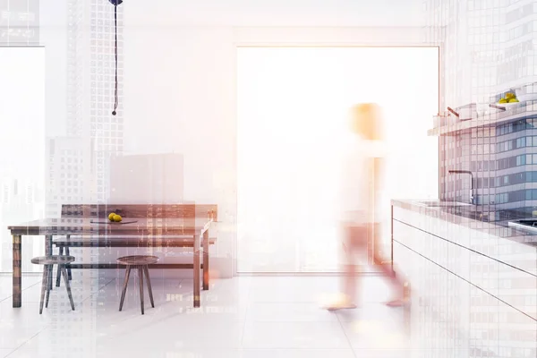Woman Walking White Kitchen Interior Loft Windows Wooden Table Chairs — Stock Photo, Image