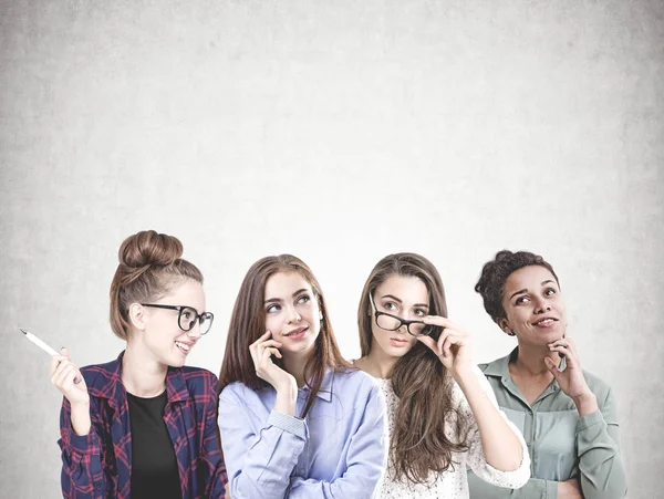 Diverse Team Young Women Wearing Glasses Different Clothes Hairstyles Standing — Stock Photo, Image