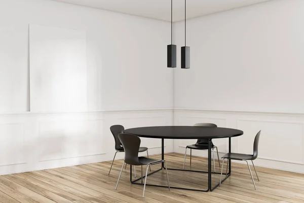 Modern Dining Room Corner White Walls Wooden Floor Black Table — Stock Photo, Image