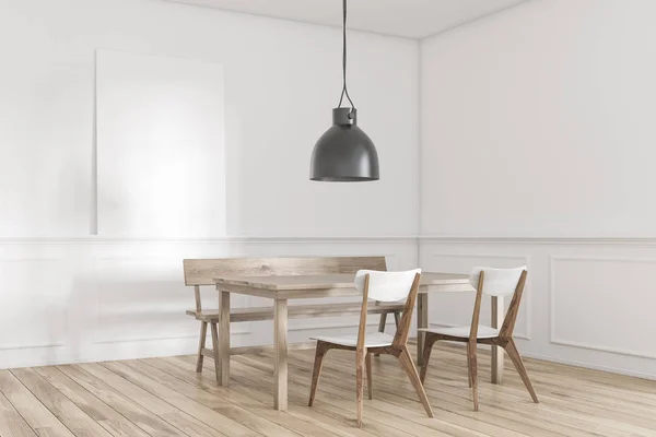Modern Yemek Odası Beyaz Duvarlı Ahşap Zemin Ahşap Sandalye Bir — Stok fotoğraf