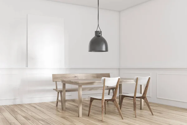 Moderne Eetkamer Interieur Met Witte Muren Een Houten Vloer Een — Stockfoto