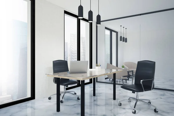 Loft office corner with a marble floor, white walls, a computer desk and a guest armchair. A close up 3d rendering mock up