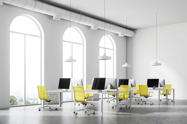 Minimalistic Office Corner White Tables Computers Them Yellow Chairs White — Stock Photo, Image