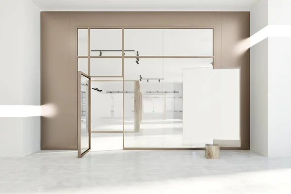 Poster gallery with beige and white walls, a concrete floor and glass doors. A vertical mock up poster in the foreground. 3d rendering