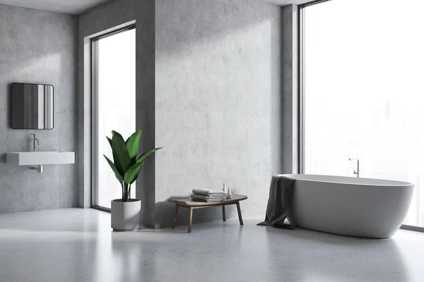Attic Bathroom Interior Concrete Walls Floor Bathtub Sink Large Windows — Stock Photo, Image