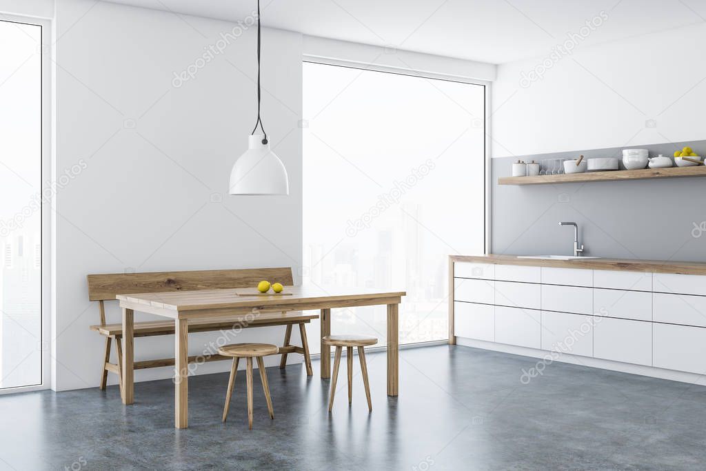 White dining room and kitchen corner with loft windows, a wooden table, chairs and a bench. White countertops and a sink. 3d rendering mock up