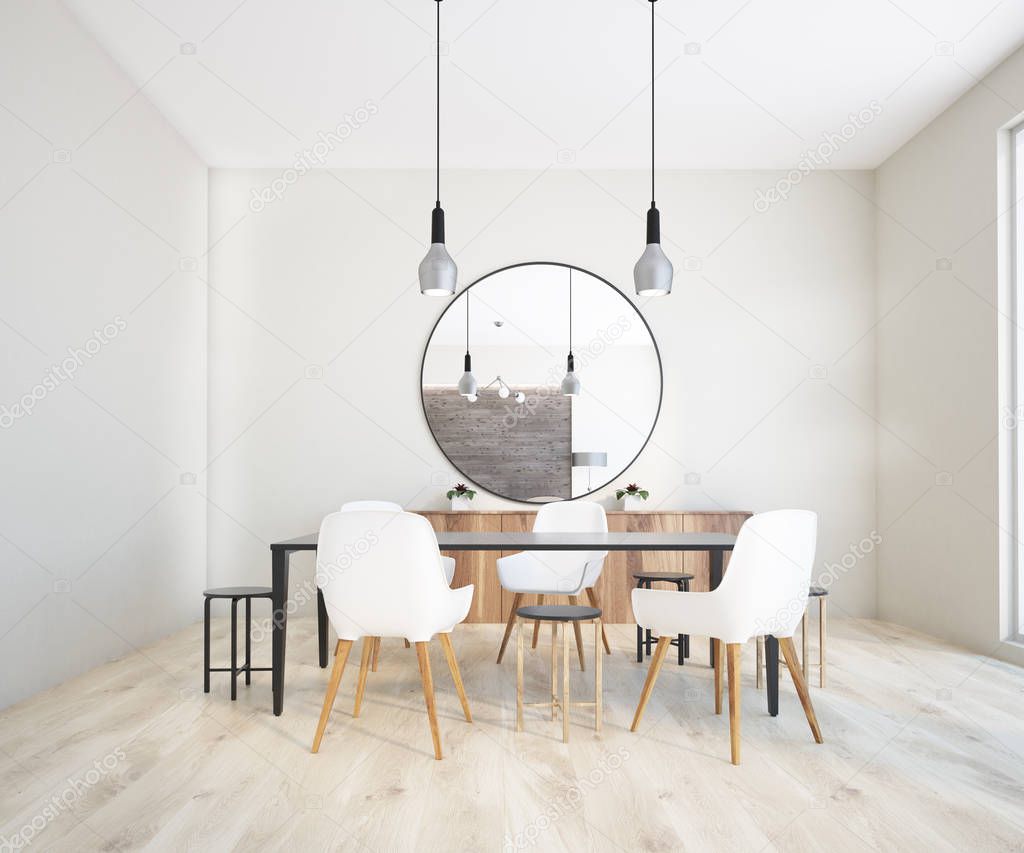 Classic white wall dining room interior with a black table, white and black chairs and a round mirror on the wall. A family values concept. 3d rendering