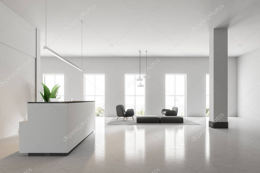 Side view of a white reception desk standing on a concrete floor of a modern office. A waiting room in the background. 3d rendering mock up
