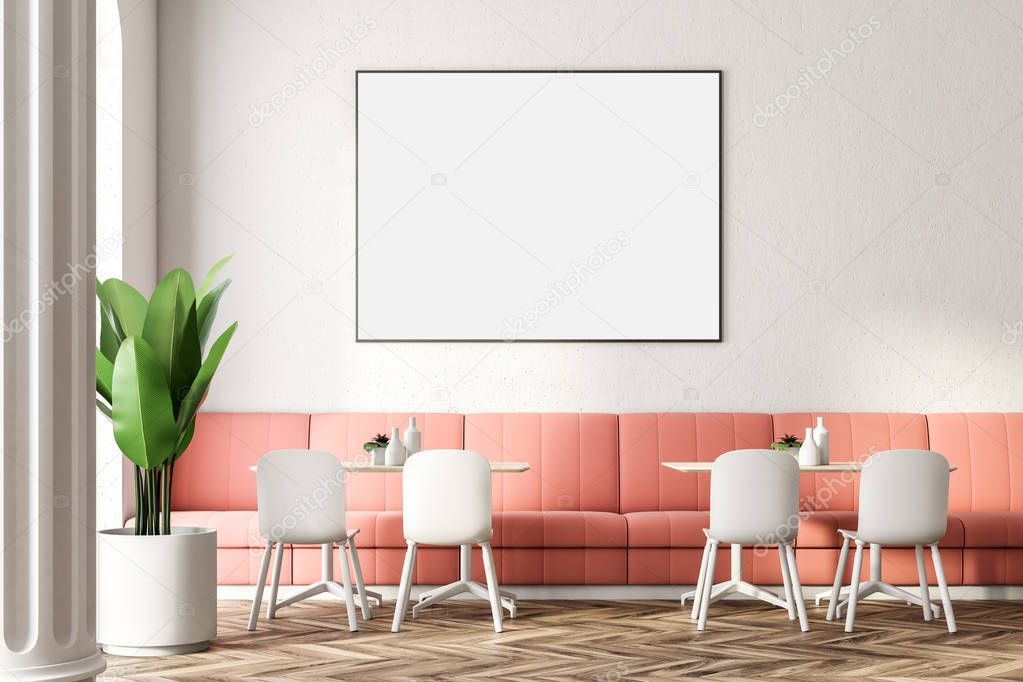 Round table with pink armchairs standing near it. Large windows and columns. Modern restaurant interior with pink sofas. A horizontal mock up poster frame 3d rendering