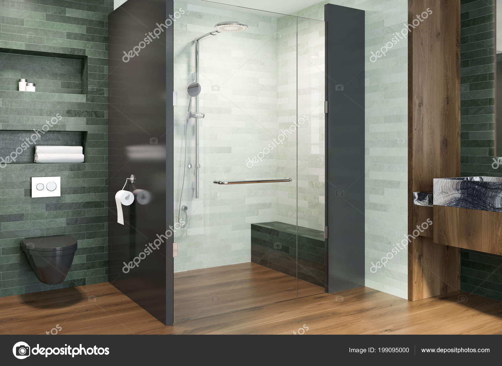 Luxury Bathroom Interior Emerald White Walls Wooden Floor Black Toilet — Stock Photo