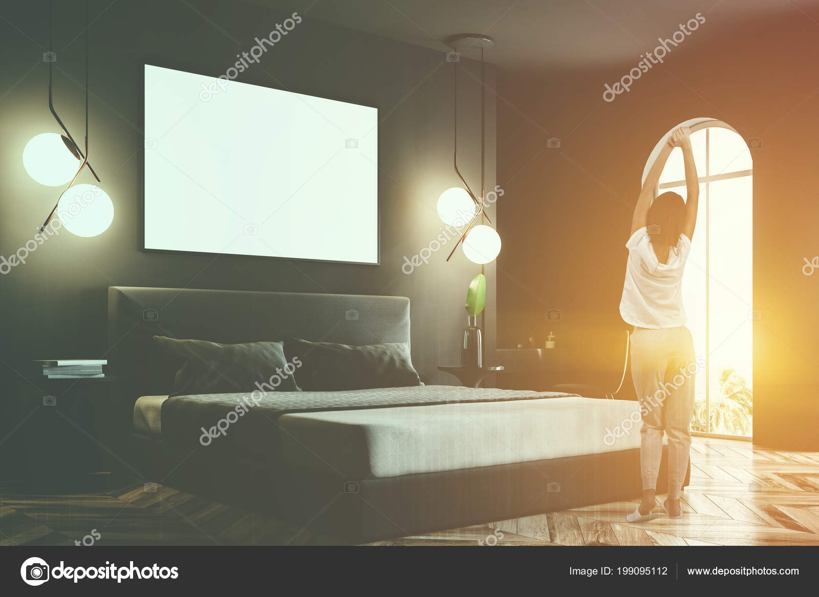 Corner Bedroom Interior Dark Gray Walls Wooden Floor Double