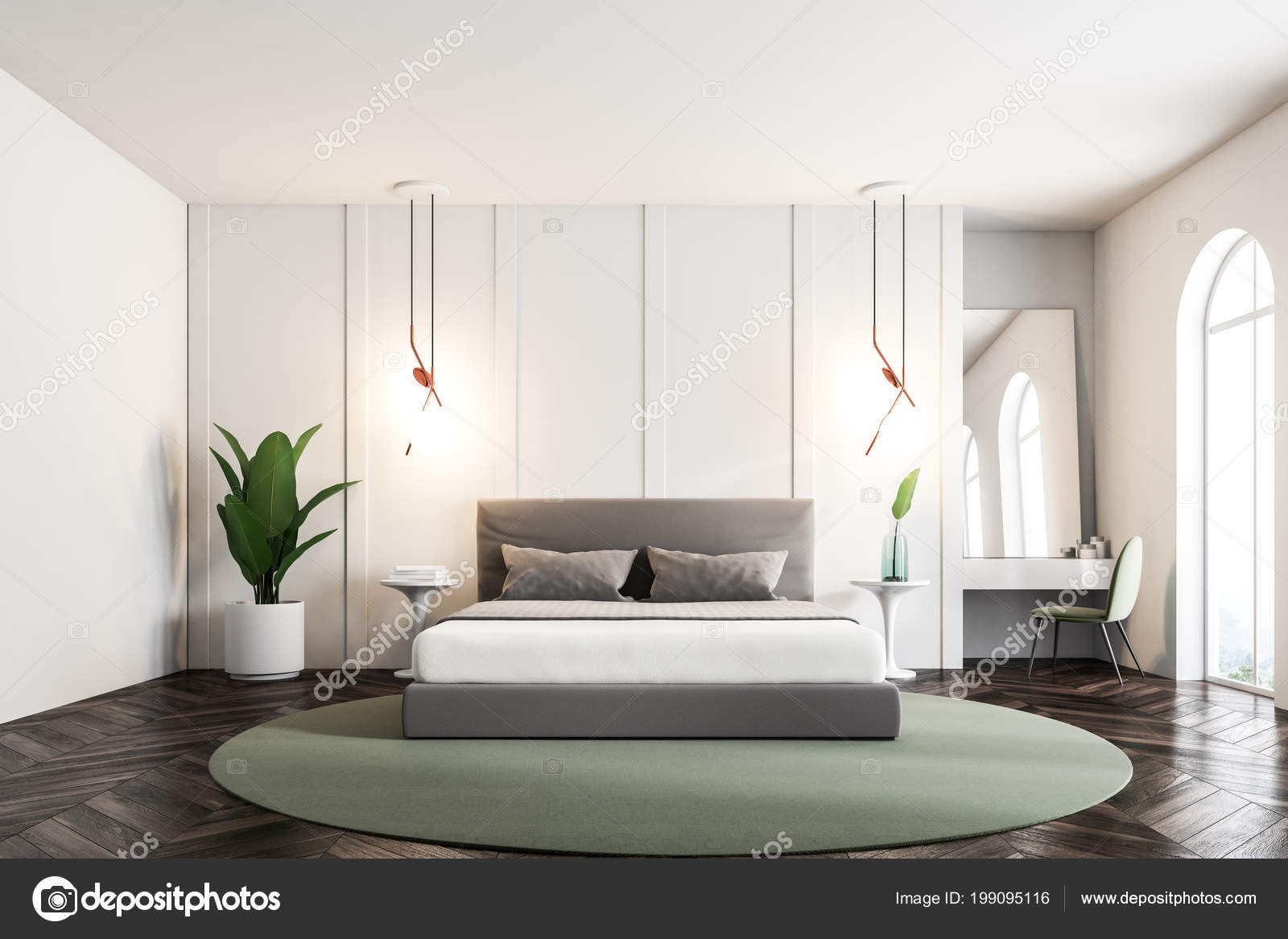 Moderne Slaapkamer Interieur Met Witte Muren Een Houten Vloer Met ... Moderne Slaapkamer Interieur Met Witte Muren Een Houten Vloer Met ...