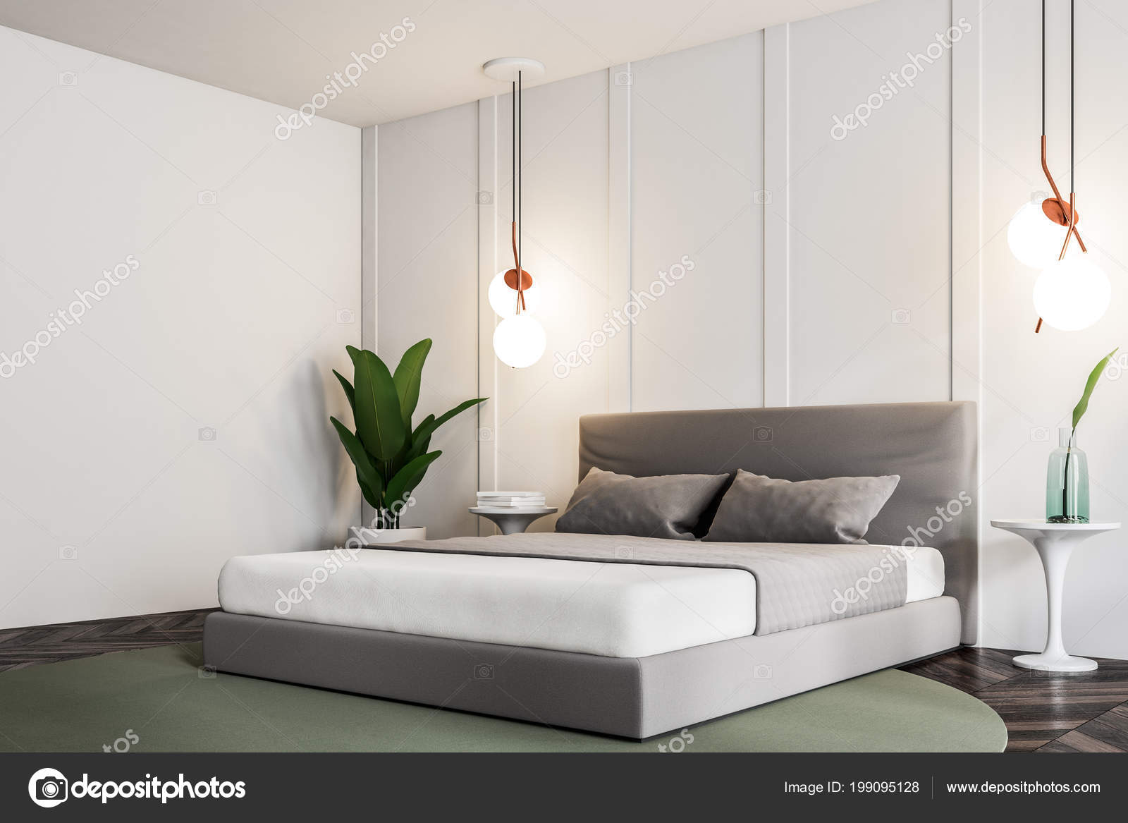 Side View Bedroom Interior White Walls Wooden Floor Rug