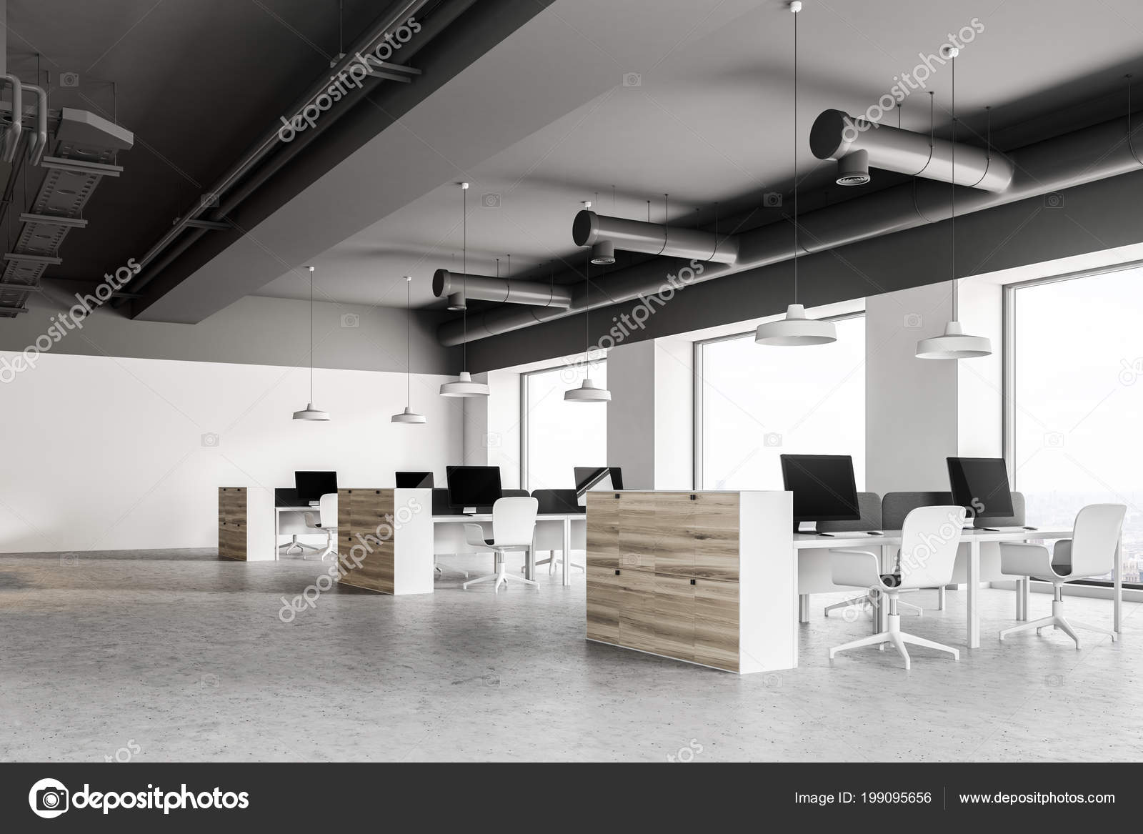 Gray Ceiling Industrial Style Office Interior Wooden Cubicles
