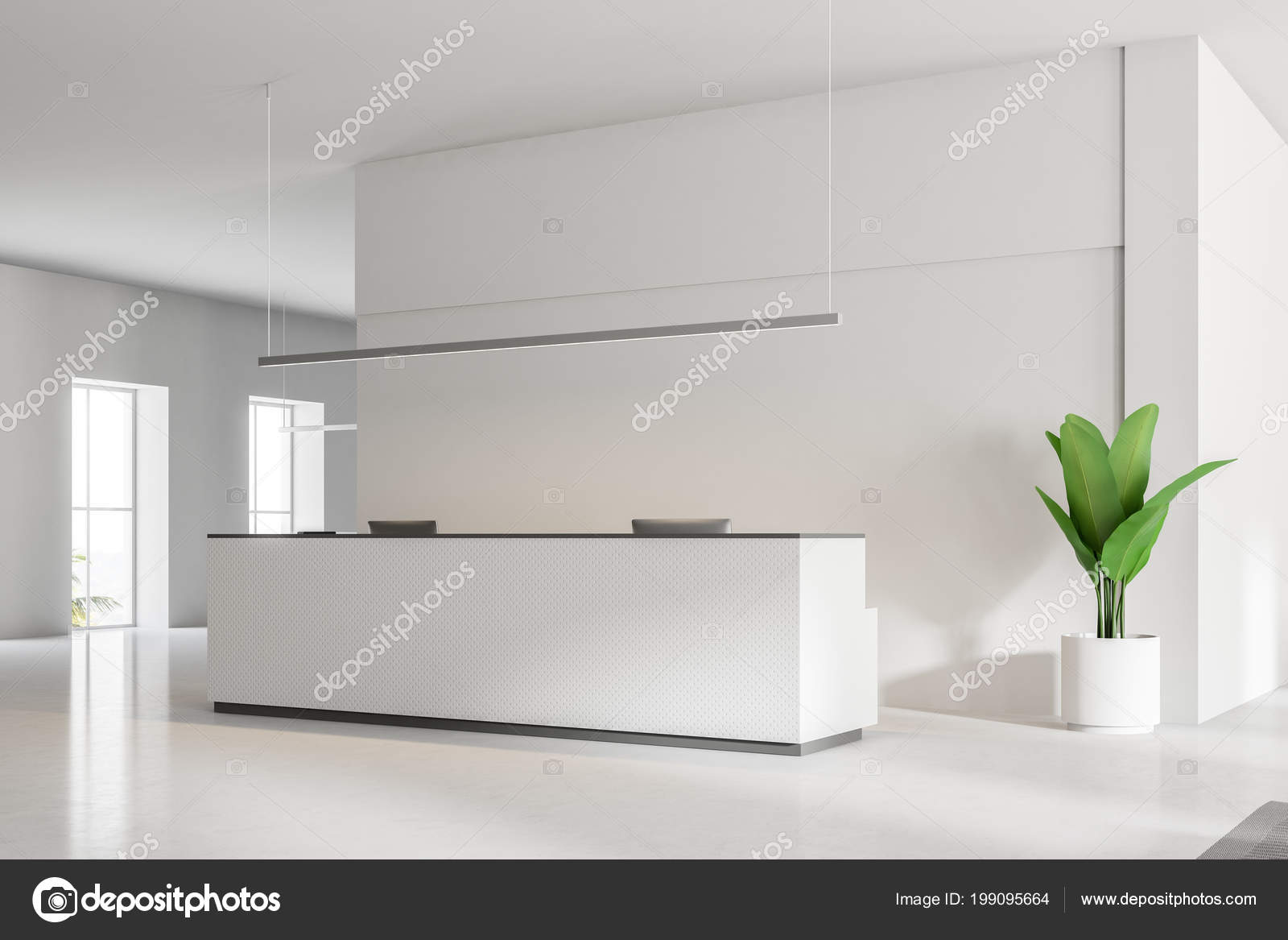 Download Modern White Office Reception Desk Two Computers Standing White Floor Stock Photo Image By C Denisismagilov 199095664