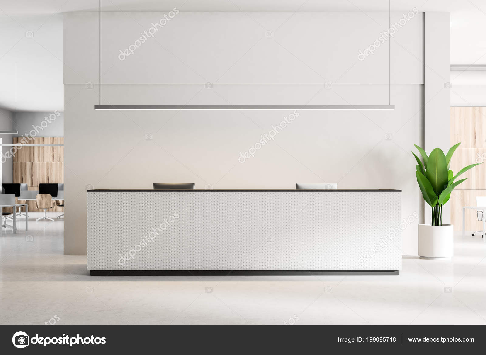 White Reception Desk Computers Standing Concrete Floor Modern