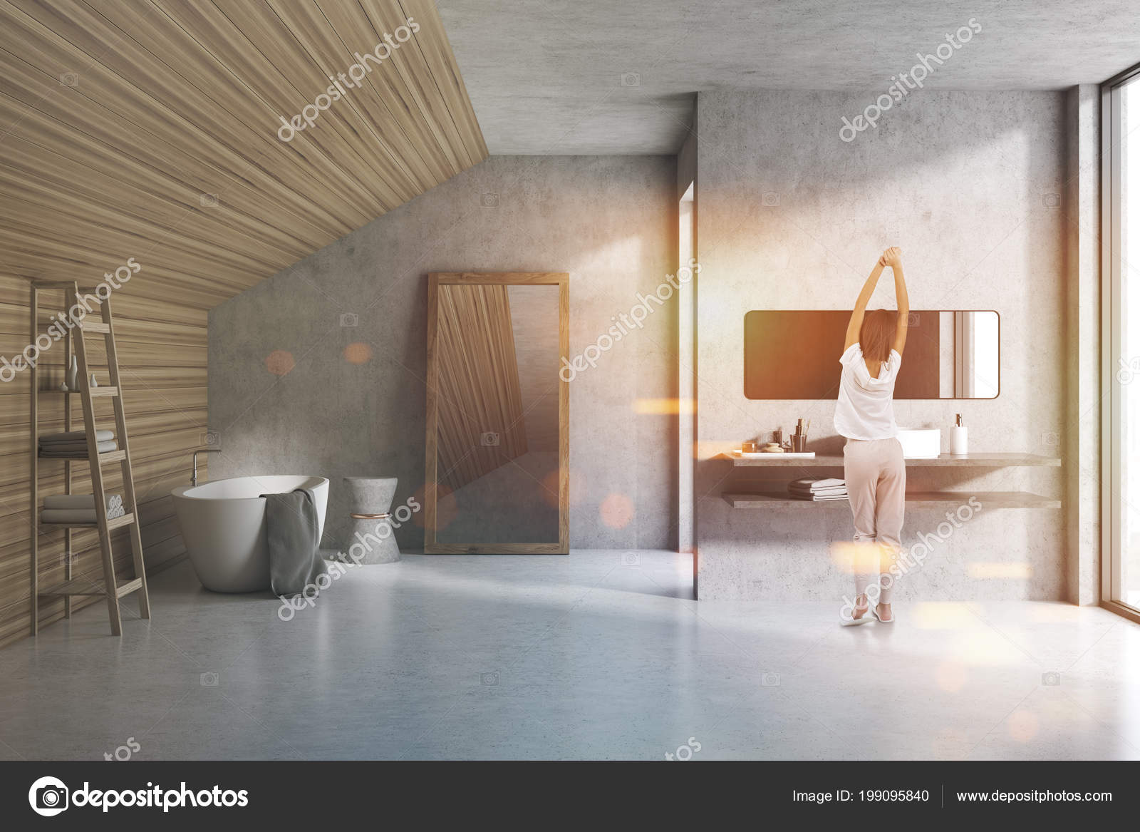 Dachgeschoss Badezimmer Interieur Mit Beton Und Holz Wände ... Dachgeschoss Badezimmer Interieur Mit Beton Und Holz Wände ...