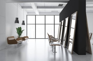 Siyah ve beyaz duvarlar, uzun boylu aynalar ve rahat bej sandalyeler ile modern Kuaför salonu iç. Yan görünümü. 3D render