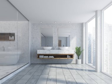 Banyo iç Mermer duvarlar, beyaz bir ahşap zemin, çift lavabo ve cam duvarların arkasında bir küvet yukarıda iki ayna ile. 3D render
