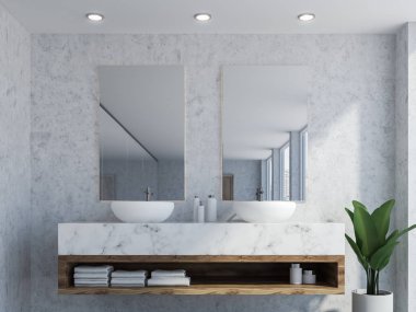 Banyo iç Mermer duvarlar, beyaz mutfak tezgahı üzerinde bir çift lavabo duran ve iki dikey ayna üstünde asılı. 3d render yakından