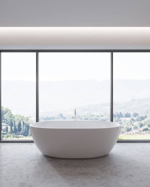 Bir beton zemin, panoramik bir pencere bir dağ manzaralı ve beyaz şık küvet ile banyo iç. 3D render