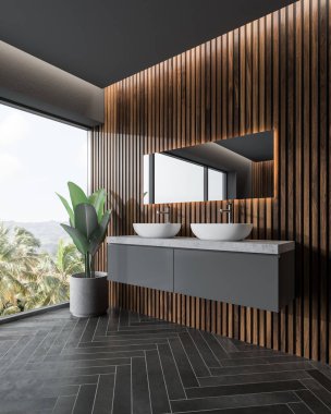 Koyu ahşap duvarlar, gri mutfak tezgahı üzerinde bir çift lavabo duran ve üzerinde asılı bir uzun yatay ayna banyo köşesi. 3D render alay