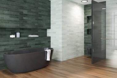 Zümrüt ve beyaz duvarlar, ahşap zemin ve siyah bir küvet lüks banyo iç. Yan görünümü. 3D render alay