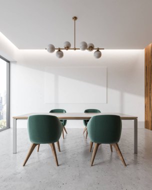 Beyaz ofis konferans odası iç bir beton zemin, bir kral masa ve yeşil sandalye. Sahte duvar. 3D render