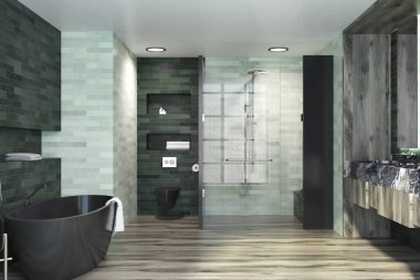 Zümrüt ve beyaz duvarlar, ahşap zemin, siyah bir küvet, duş ve bir çift lavabo ile lüks banyo iç. 3D render alay