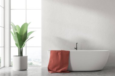 O bir modern banyo iç beyaz duvarlı ayakta asılı kırmızı bir havlu ile beyaz küvet. 3D render alay