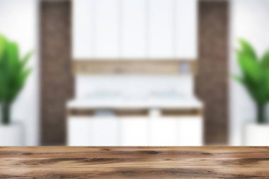 Bir mermer zemin, bir beyaz çift lavabo vanity birim ve iki büyük tuğla modern banyo iç kenarlarından tarafından bitki saksı. 3d render alay kadar bulanık