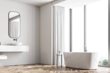 Banyo Köşe bir ahşap zemin, dağ manzarası, beyaz köşe küvet ve lavabo ile panoramik bir pencere ile. 3D render