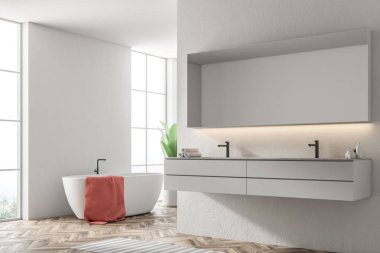 O bir modern banyo iç beyaz duvarları ve bir koltuk ile ayakta asılı kırmızı bir havlu ile beyaz küvet. Sağdaki çift lavabo. Yan görünümü. 3D render alay