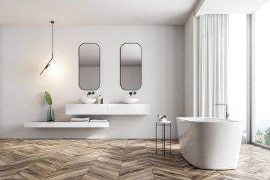 Banyo iç ahşap zemin, dağ manzarası, beyaz köşe küvet ve lavabo ile panoramik bir pencere ile. 3D render