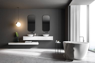 Bir mermer zemin, dağ manzarası, beyaz bir küvet ve lavabo ile panoramik bir pencere ile banyo iç. 3d render siyah duvar