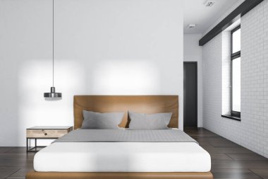 Modern yatak odası iç beyaz ve beyaz tuğla duvarlar, ahşap zemin ve bir çift kişilik yatak ile. Komodinde. 3D render alay