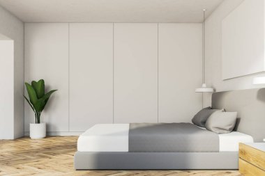 Beyaz yatak odası iç ahşap bir zemin, bir karyola ve pot ayakta köşedeki bir ağaçta. 3D render alay