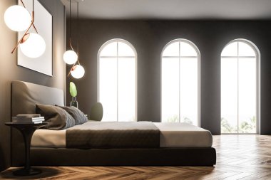 Gri duvarlar, ahşap bir zemin, bir çift kişilik yatak ve bir masanın bu kitapları ile bir yatak odası iç yan görünüm. Yatay bir poster. 3D render alay