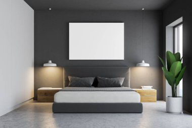 Gri yatak odası iç bir beton zemin, bir karyola ve yatay bir poster üzerinde asılı. 3D render alay