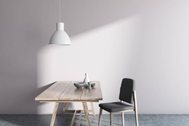 Beyaz duvar minimalist İskandinav tarzı yemek odası iç bir beton zemin, ahşap bir masa ve gri bir sandalye. Sahte duvar. 3D render