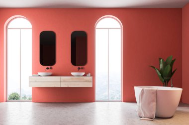 Beyaz bir küvet, bir çift lavabo saksı bir ağaç ve bir lamba köşesinde asılı bir havlu ile minimalist kırmızı banyo iç. Yan görünümü. 3D render alay