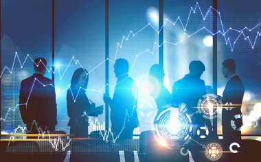 İş insanlar siluetleri modern bir ofiste. Grafikler ve Hud bir gece cityscape arka plan. Tonlu görüntü pozlama sahte katlayın