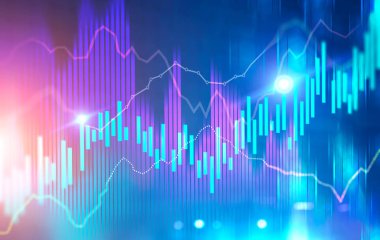 Forex tarzı grafikleri ve çubuk grafikler sürükleyici arabirimi bulanık bir mavi kırmızı arka plan parlayan. Hisse senedi ve Döviz kavramı. İş soyut infographics. Tonlu görüntü pozlama sahte katlayın