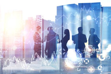 Çeşitli iş ekip üyelerinin şirket kalkınma stratejisinin bir ofiste tartışıyor. Cityscape. HUD ve sürükleyici infographics arabirimiyle. Tonlu görüntü pozlama sahte katlayın