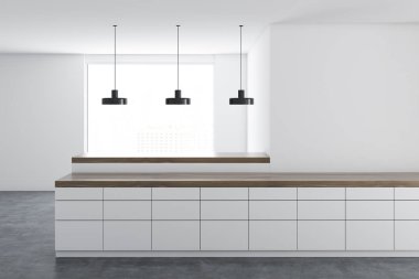 Beyaz duvar mutfak iç bir beton zemin ve lambaları bir dizi ile ayakta beyaz mutfak tezgahı. 3D render alay