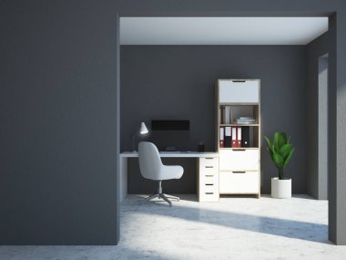 Gri ev ofis iç bir beton zemin, bir beyaz bilgisayar masa ve bir kitaplık. Sahte duvar. 3D render