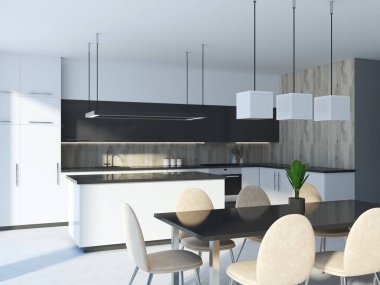 Siyah mutfak ada ayakta beyaz ve gri mutfak tezgahı ahşap duvar mutfak iç yakınındaki. Bej renkli sandalye bir masa. 3D render alay