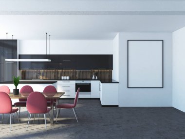 Beyaz mutfak iç bir beton zemin ile siyah beyaz mutfak tezgahı aletleri ve ahşap bir masa pembe sandalye ile inşa. Bir duvar üzerine bir çerçeve poster. 3D render alay