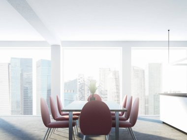 Pembe sandalyeler yemek masası panoramik pencerelere ve bir mutfak köşesi ile bir stüdyoda duruyorlar. 3D render alay